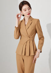 Camel Chic Belted Blazer Pantsuit Set